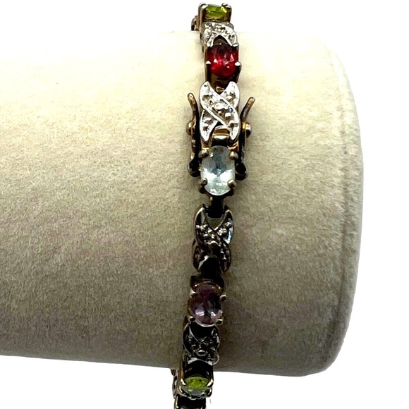 Vintage Multi-Stone Sterling Silver Bracelet With X Design & Gemstones    B19 - Picture 5 of 14